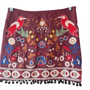 Altar'd State Embroidered Linen Blend‎ Mini Skirt Floral Bird Maroon Boho Small